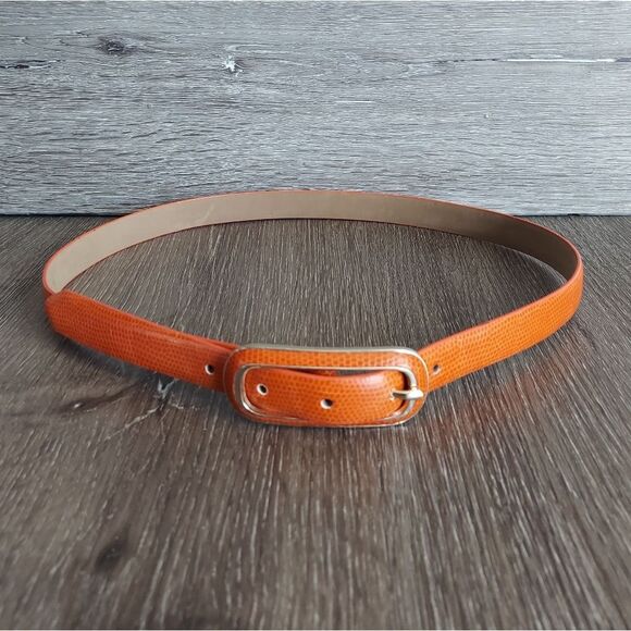 Iguana Print Orange Bonded Leather Skinny Belt Medium - Picture 1 of 6